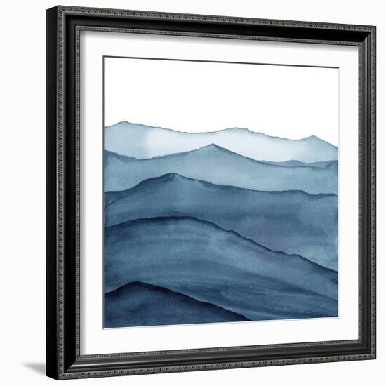 abstract indigo blue watercolor waves mountains on white background-Julia Druzenko-Framed Art Print