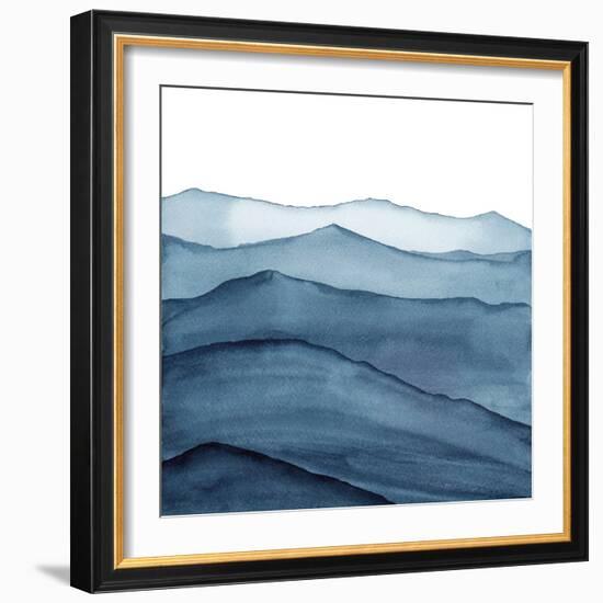 abstract indigo blue watercolor waves mountains on white background-Julia Druzenko-Framed Art Print