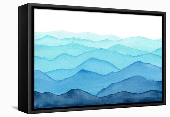 abstract indigo light blue watercolor waves mountains on white background-Julia Druzenko-Framed Stretched Canvas