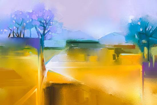 Abstract Oil Painting Background Colorful Yellow And Purple Sky