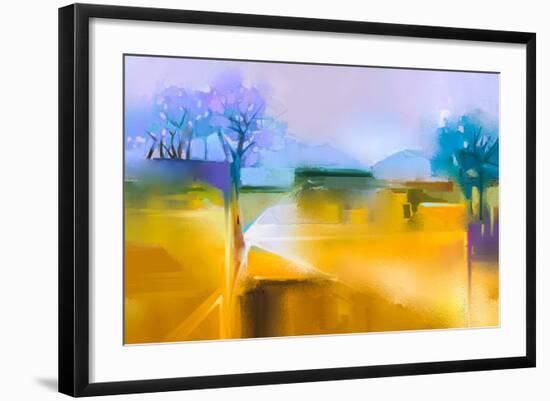 Abstract Oil Painting Background. Colorful Yellow and Purple Sky Oil Painting Landscape on Canvas.-pluie_r-Framed Art Print