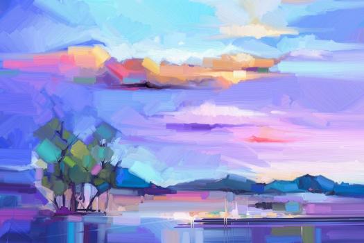 Abstract Oil Painting Landscape Background. Colorful Yellow and Purple Sky. Oil  Painting Outdoor La' Art Print - pluie_r 