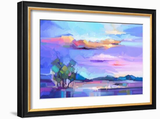 Abstract Oil Painting Landscape Background. Colorful Yellow and Purple Sky. Oil Painting Outdoor La-pluie_r-Framed Art Print