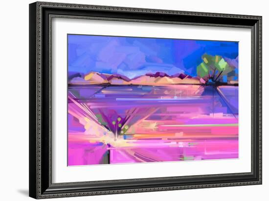 Abstract Oil Painting Landscape Background. Colorful Yellow and Purple Sky. Oil Painting Outdoor La-pluie_r-Framed Art Print