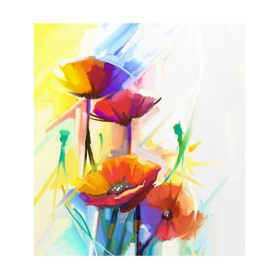 Abstract Oil Painting Of Spring Flower Still Life Of Yellow Pink