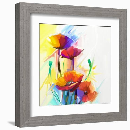 Abstract Oil Painting of Spring Flower. Still Life of Yellow, Pink and Red Poppy. Colorful Bouquet-pluie_r-Framed Art Print