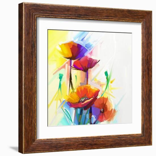 Abstract Oil Painting of Spring Flower. Still Life of Yellow, Pink and Red Poppy. Colorful Bouquet-pluie_r-Framed Art Print