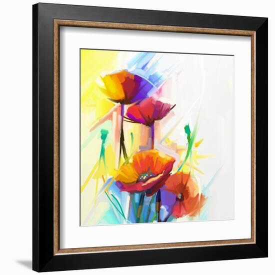 Abstract Oil Painting of Spring Flower. Still Life of Yellow, Pink and Red Poppy. Colorful Bouquet-pluie_r-Framed Art Print