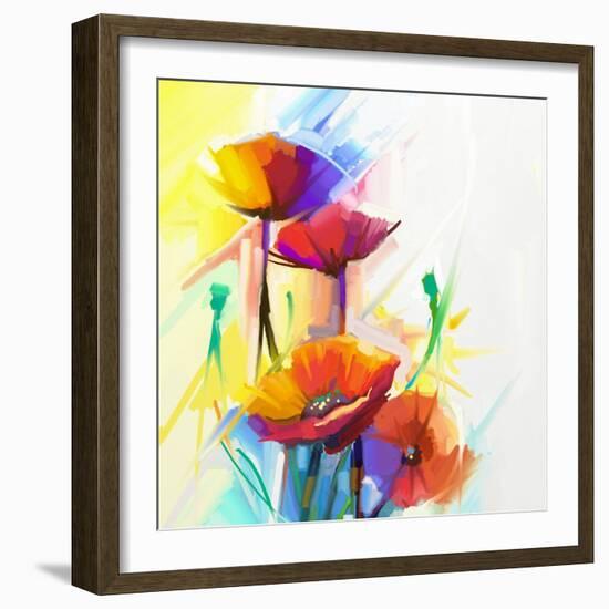 Abstract Oil Painting of Spring Flower. Still Life of Yellow, Pink and Red Poppy. Colorful Bouquet-pluie_r-Framed Art Print