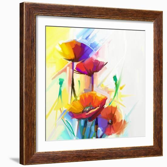 Abstract Oil Painting of Spring Flower. Still Life of Yellow, Pink and Red Poppy. Colorful Bouquet-pluie_r-Framed Art Print