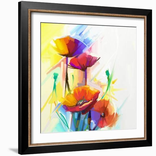 Abstract Oil Painting of Spring Flower. Still Life of Yellow, Pink and Red Poppy. Colorful Bouquet-pluie_r-Framed Art Print