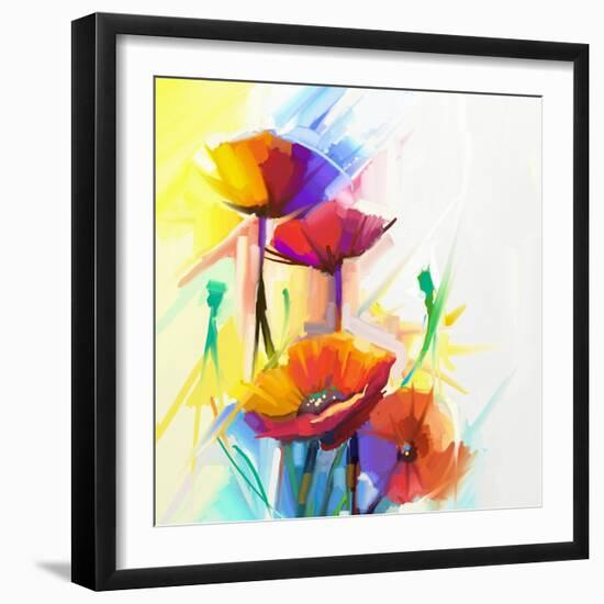 Abstract Oil Painting of Spring Flower. Still Life of Yellow, Pink and Red Poppy. Colorful Bouquet-pluie_r-Framed Art Print