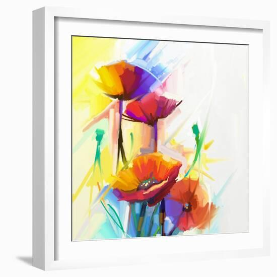 Abstract Oil Painting of Spring Flower. Still Life of Yellow, Pink and Red Poppy. Colorful Bouquet-pluie_r-Framed Art Print