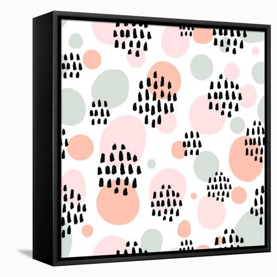 Abstract Pastel Seamless Pattern with Black Marker Strokes. Light Blue and Pink Colors, Spring Summ-kotoko-Framed Stretched Canvas