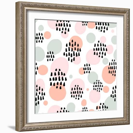 Abstract Pastel Seamless Pattern with Black Marker Strokes. Light Blue and Pink Colors, Spring Summ-kotoko-Framed Art Print