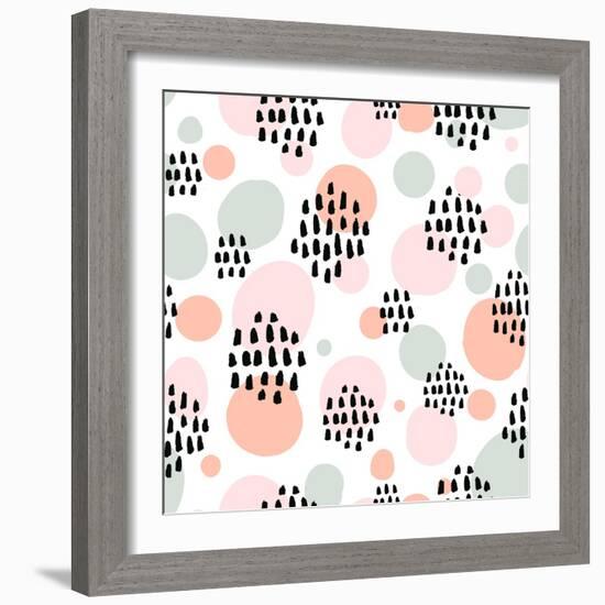 Abstract Pastel Seamless Pattern with Black Marker Strokes. Light Blue and Pink Colors, Spring Summ-kotoko-Framed Art Print