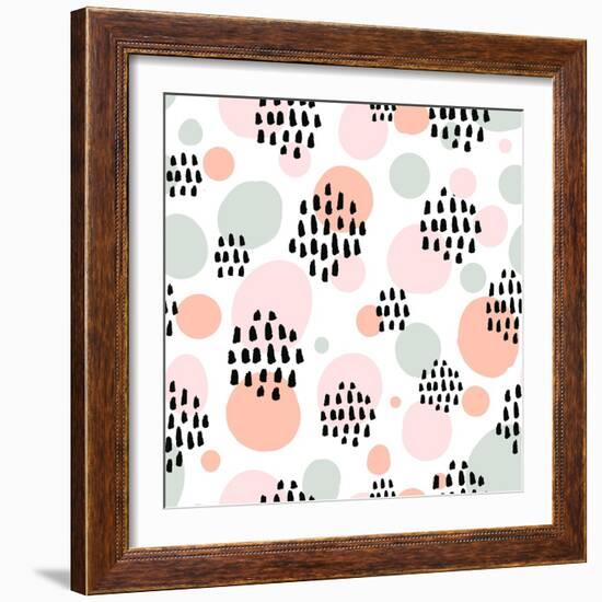 Abstract Pastel Seamless Pattern with Black Marker Strokes. Light Blue and Pink Colors, Spring Summ-kotoko-Framed Art Print