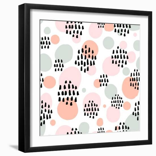 Abstract Pastel Seamless Pattern with Black Marker Strokes. Light Blue and Pink Colors, Spring Summ-kotoko-Framed Art Print