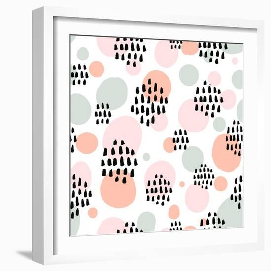 Abstract Pastel Seamless Pattern with Black Marker Strokes. Light Blue and Pink Colors, Spring Summ-kotoko-Framed Art Print