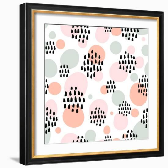 Abstract Pastel Seamless Pattern with Black Marker Strokes. Light Blue and Pink Colors, Spring Summ-kotoko-Framed Art Print