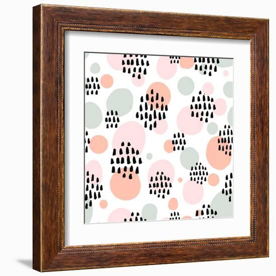 Abstract Pastel Seamless Pattern with Black Marker Strokes. Light Blue and Pink Colors, Spring Summ-kotoko-Framed Art Print