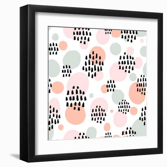 Abstract Pastel Seamless Pattern with Black Marker Strokes. Light Blue and Pink Colors, Spring Summ-kotoko-Framed Art Print