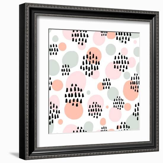 Abstract Pastel Seamless Pattern with Black Marker Strokes. Light Blue and Pink Colors, Spring Summ-kotoko-Framed Art Print