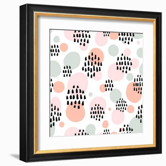 Abstract Pastel Seamless Pattern with Black Marker Strokes. Light Blue and Pink Colors, Spring Summ-kotoko-Framed Art Print