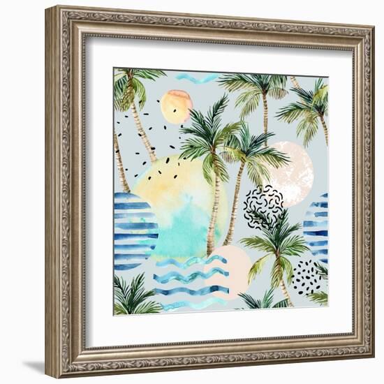 Abstract Pattern of Watercolor Circles, Stripes, and Palm Trees-tanycya-Framed Art Print