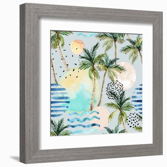 Abstract Pattern of Watercolor Circles, Stripes, and Palm Trees-tanycya-Framed Art Print