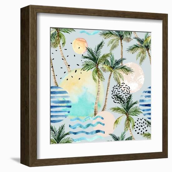 Abstract Pattern of Watercolor Circles, Stripes, and Palm Trees-tanycya-Framed Art Print