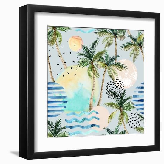 Abstract Pattern of Watercolor Circles, Stripes, and Palm Trees-tanycya-Framed Art Print