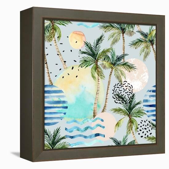 Abstract Pattern of Watercolor Circles, Stripes, and Palm Trees-tanycya-Framed Stretched Canvas
