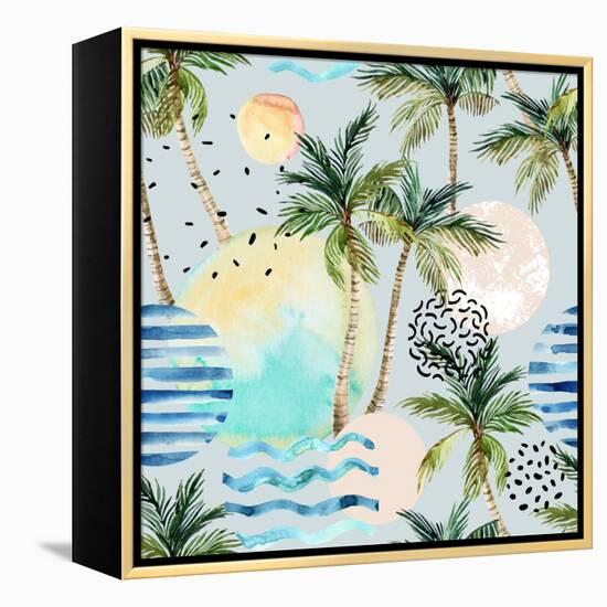 Abstract Pattern of Watercolor Circles, Stripes, and Palm Trees-tanycya-Framed Stretched Canvas