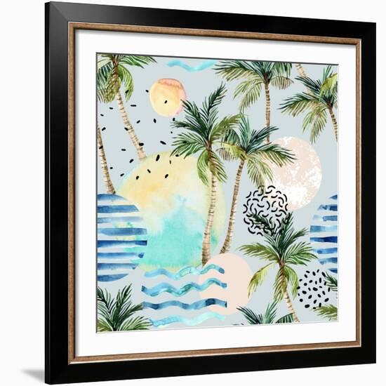 Abstract Pattern of Watercolor Circles, Stripes, and Palm Trees-tanycya-Framed Premium Giclee Print