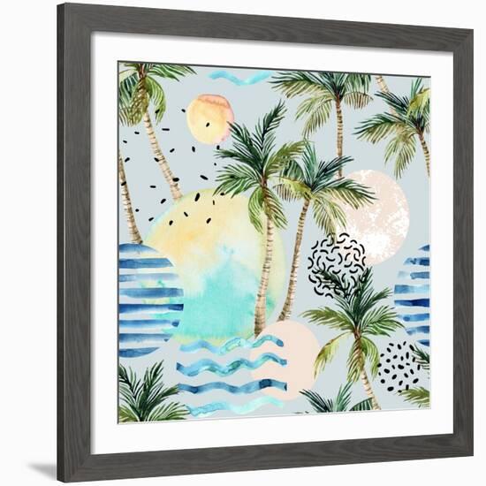 Abstract Pattern of Watercolor Circles, Stripes, and Palm Trees-tanycya-Framed Premium Giclee Print