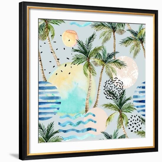 Abstract Pattern of Watercolor Circles, Stripes, and Palm Trees-tanycya-Framed Premium Giclee Print