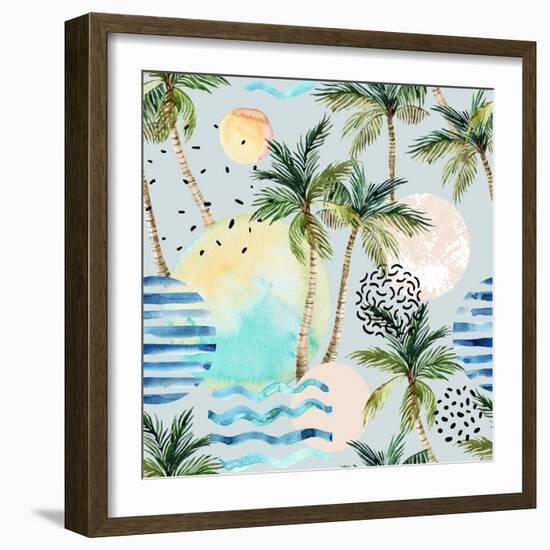 Abstract Pattern of Watercolor Circles, Stripes, and Palm Trees-tanycya-Framed Premium Giclee Print