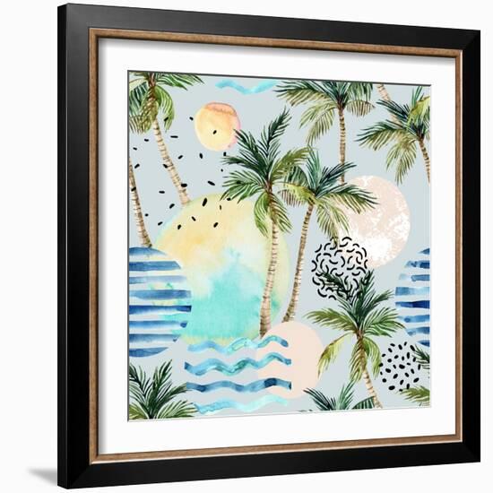 Abstract Pattern of Watercolor Circles, Stripes, and Palm Trees-tanycya-Framed Premium Giclee Print