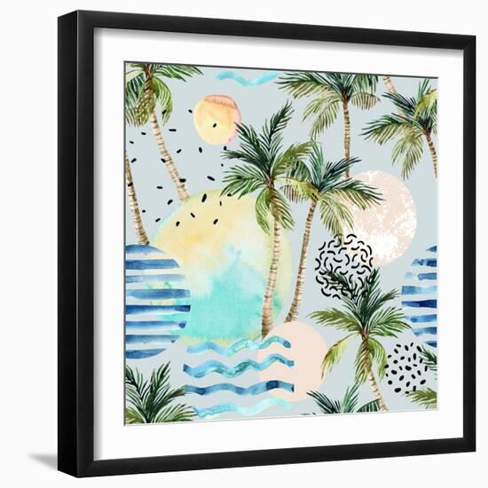 Abstract Pattern of Watercolor Circles, Stripes, and Palm Trees-tanycya-Framed Premium Giclee Print