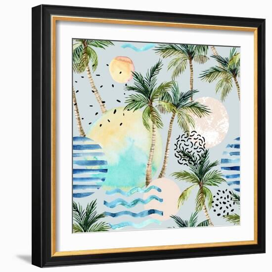 Abstract Pattern of Watercolor Circles, Stripes, and Palm Trees-tanycya-Framed Premium Giclee Print