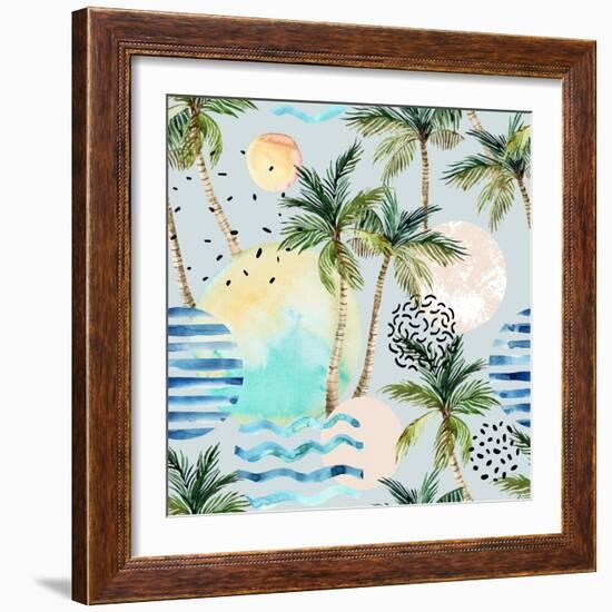 Abstract Pattern of Watercolor Circles, Stripes, and Palm Trees-tanycya-Framed Art Print