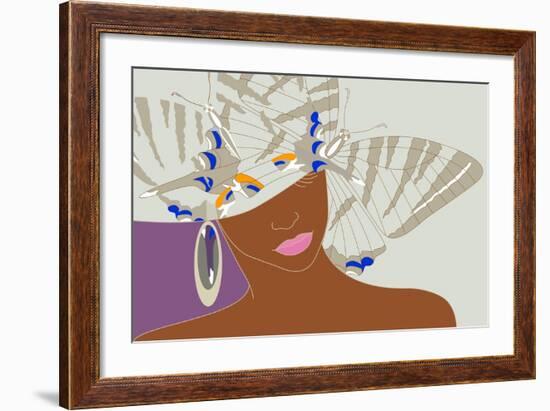 Abstract Portrait of an African Woman in a Hat with a Butterfly, Pink Lipstick and Earrings Beauty-Viktoriya Panasenko-Framed Art Print