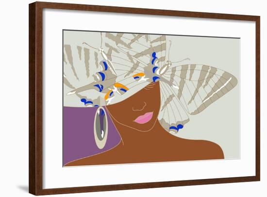 Abstract Portrait of an African Woman in a Hat with a Butterfly, Pink Lipstick and Earrings Beauty-Viktoriya Panasenko-Framed Art Print