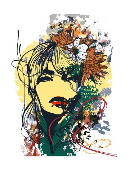 Abstract Print With Female Face Painted Elements And Flowers Art