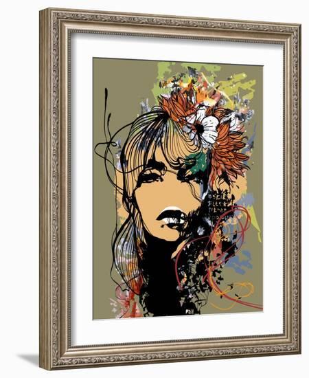 Abstract Print with Female Face, Painted Elements and Flowers-A Frants-Framed Art Print