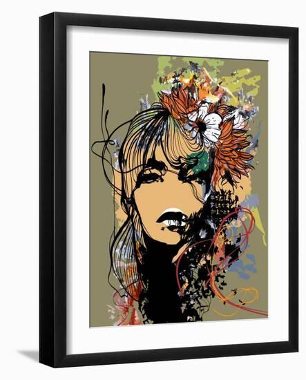 Abstract Print with Female Face, Painted Elements and Flowers-A Frants-Framed Art Print