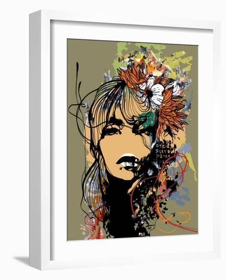 Abstract Print with Female Face, Painted Elements and Flowers-A Frants-Framed Art Print