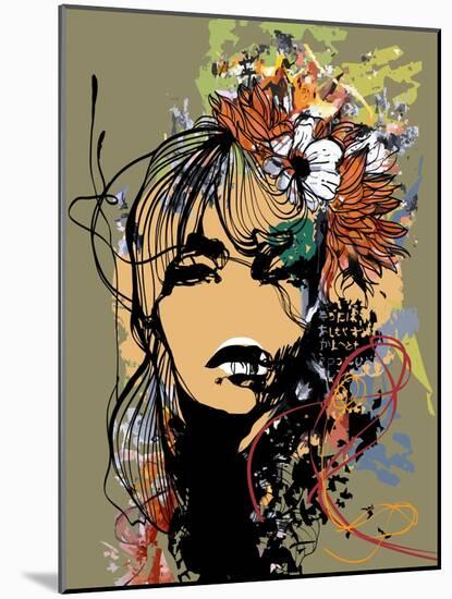 Abstract Print with Female Face, Painted Elements and Flowers-A Frants-Mounted Art Print