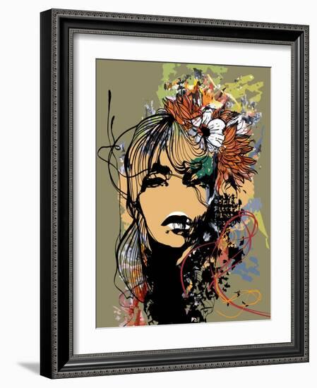 Abstract Print with Female Face, Painted Elements and Flowers-A Frants-Framed Art Print